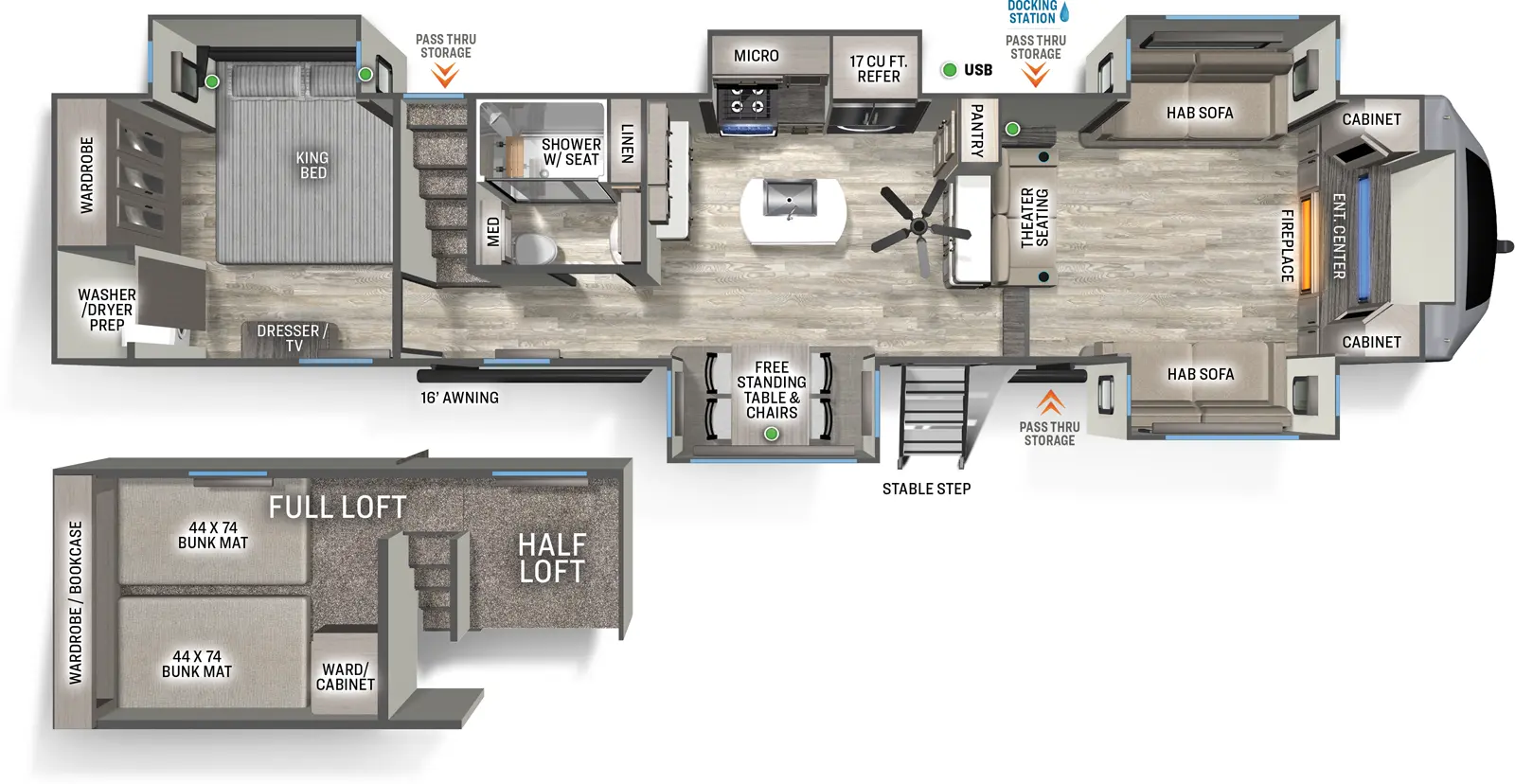 The 3990FL has five slideouts and one entry. Exterior features include a 16 foot awning, pass through storage, docking station, and stable step entry. Interior layout front to back: front entertainment center with fireplace below, cabinets on either side, and front window, opposing hide-a-bed sofa slideouts, and theater seating opposite the entertainment center; steps down to first entry and kitchen; pantry along interior wall, paddle fan, off-door side slideout with refrigerator, microwave and cooktop, door side slideout with free-standing table and chairs, and kitchen island with sink; off-door side full bathroom with linen closet and medicine cabinet; stairs to loft area with half loft above bathroom with railing, and full loft above rear bedroom with two bunk mats, wardrobe cabinet and front wardrobe bookcases; rear bedroom below loft with off-door side king bed slideout, door side dresser with TV, and rear wardrobe and closet with washer/dryer prep.